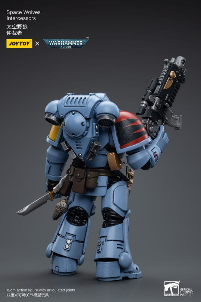 Joy Toy Space Wolves Intercessor figure, rear three-quarter view with knife and raised rifle