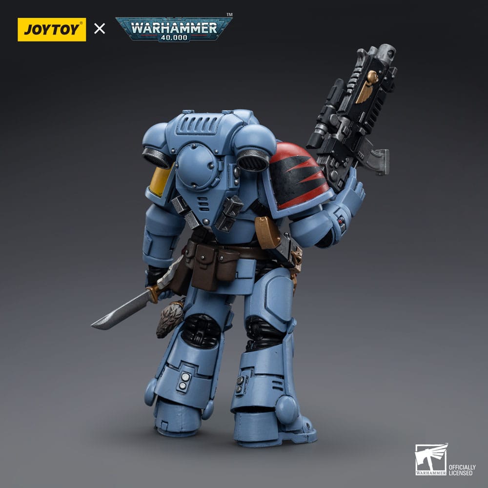 Joy Toy Space Wolves Intercessor figure rear view with pouches and raised bolt rifle