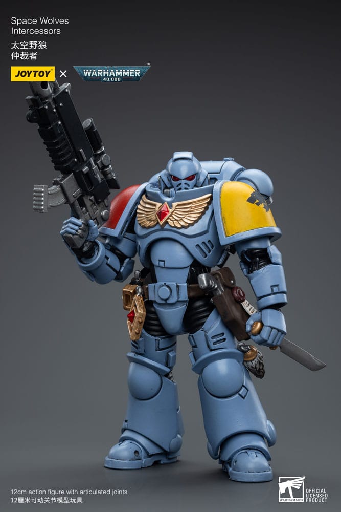 Joy Toy Space Wolves Intercessor figure with bolt rifle raised overhead and knife in hand