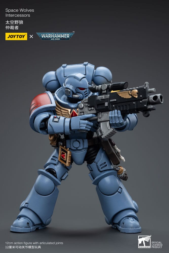 Joy Toy Space Wolves Intercessor figure aiming a bolt rifle, angled front view