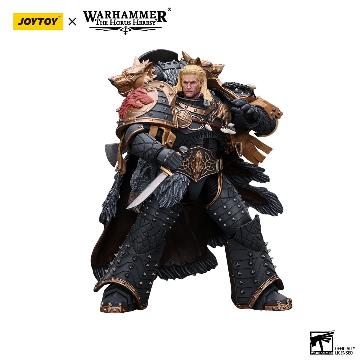 Joy Toy Space Wolves Leman Russ Primarch figure standing front view with fur cloak and gold trim