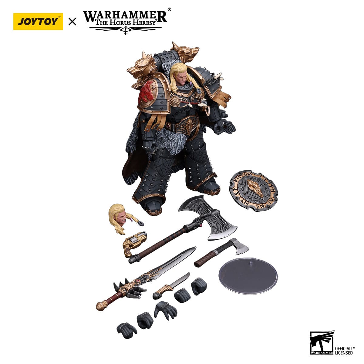 Joy Toy Leman Russ figure with accessories: swappable hands, spare head, axes, sword, shield and stand