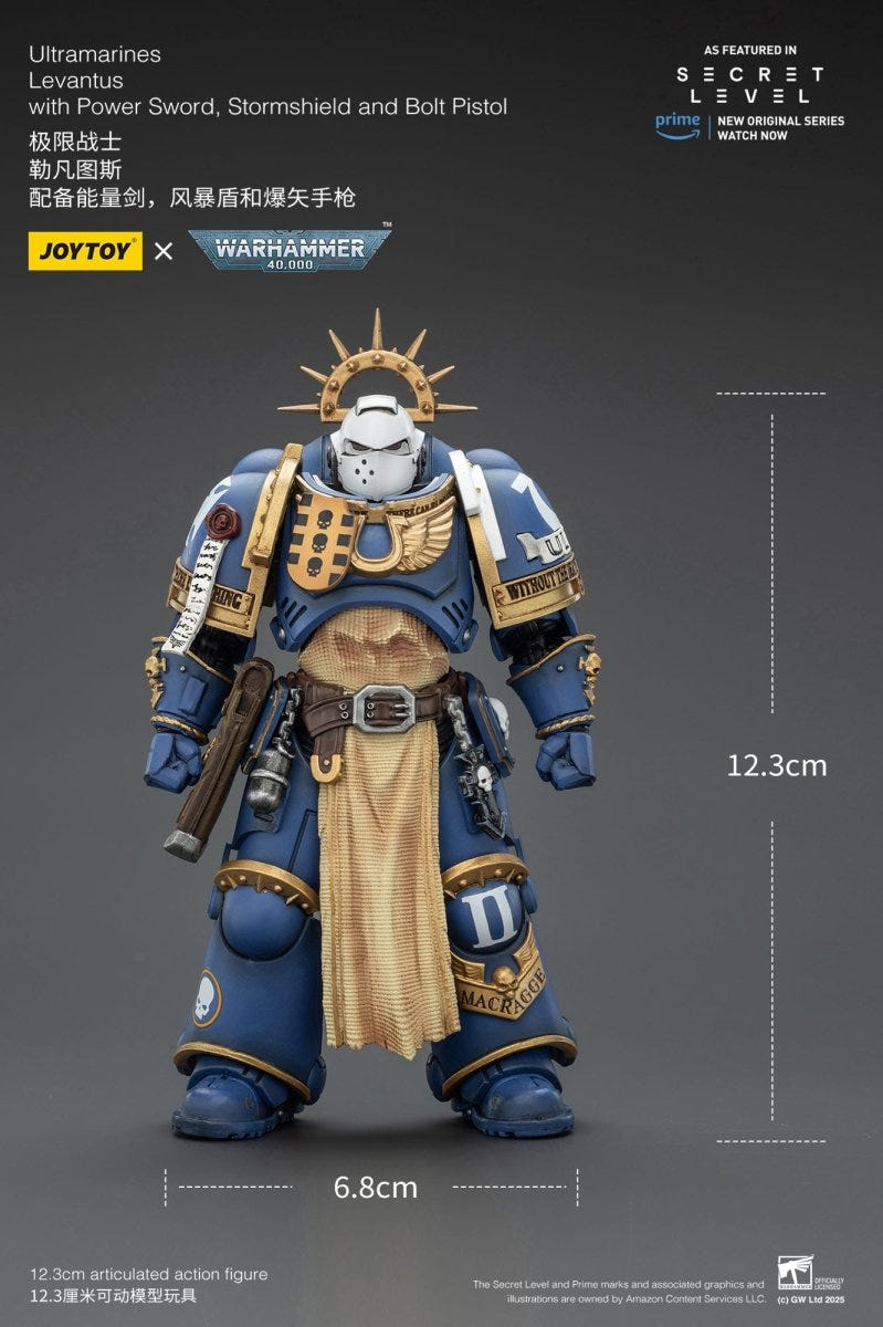 Joy Toy Ultramarines Levantus figure size guide, 12.3cm tall and 6.8cm wide