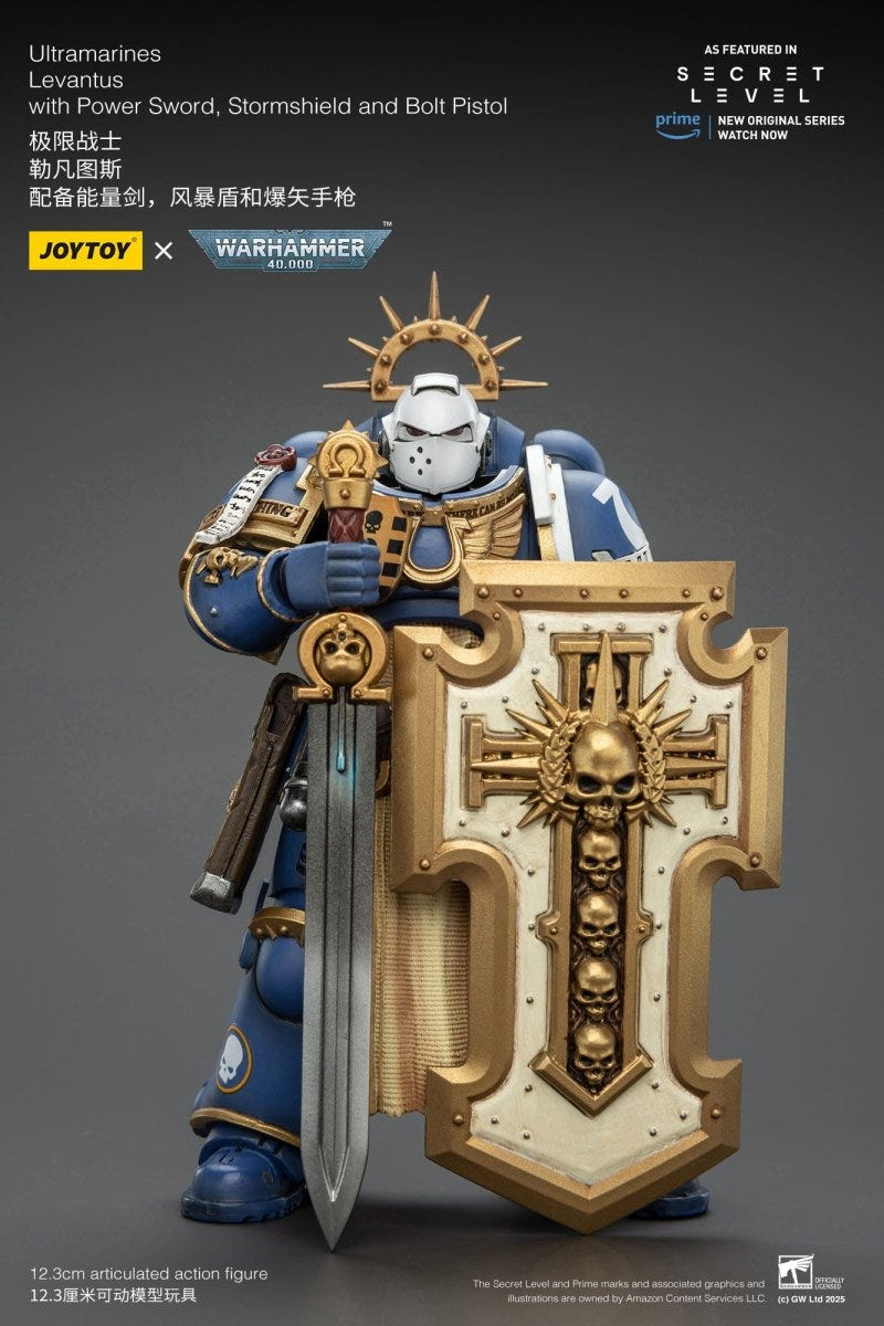 Joy Toy Ultramarines Levantus braced behind stormshield with power sword lowered