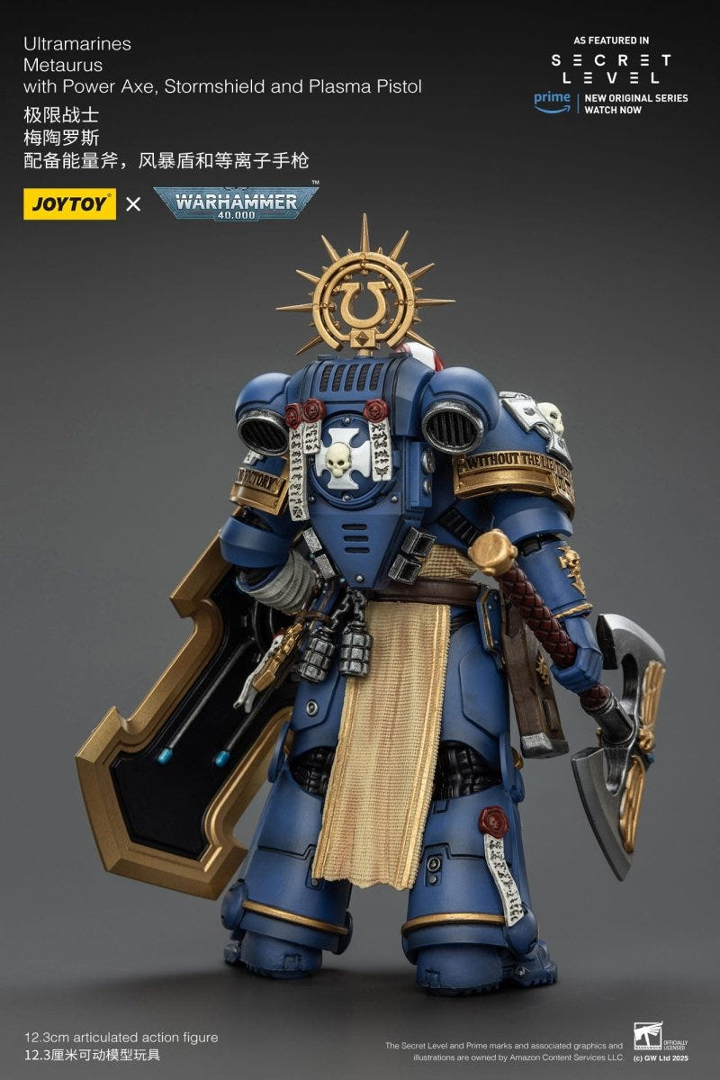 JoyToy Ultramarines Metaurus figure braced behind his storm shield, front view