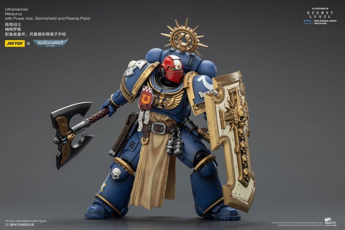 JoyToy Metaurus figure advancing with power axe and storm shield, landscape shot