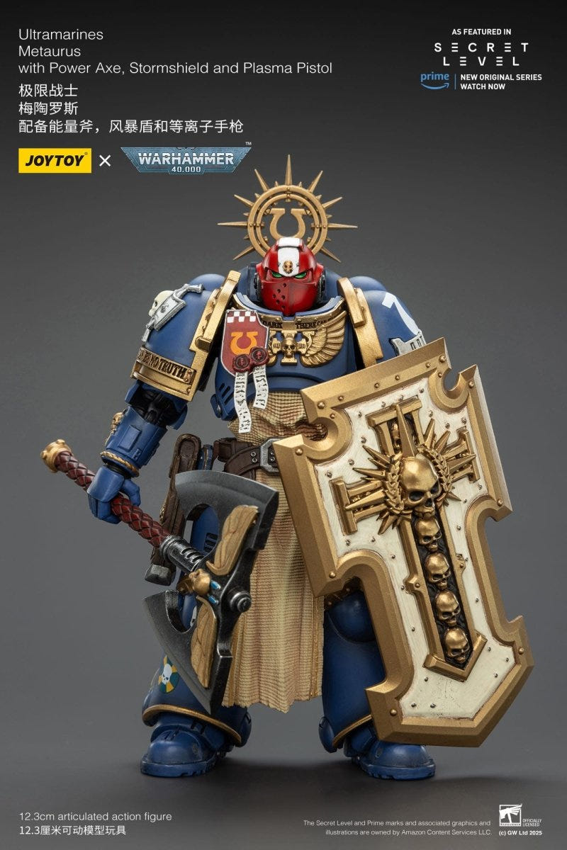 JoyToy Metaurus figure holding storm shield forward with axe at his side