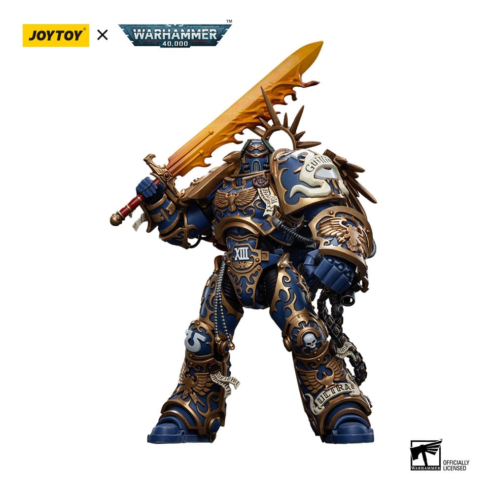 JoyToy Roboute Guilliman 1/18 figure swinging his flaming sword overhead