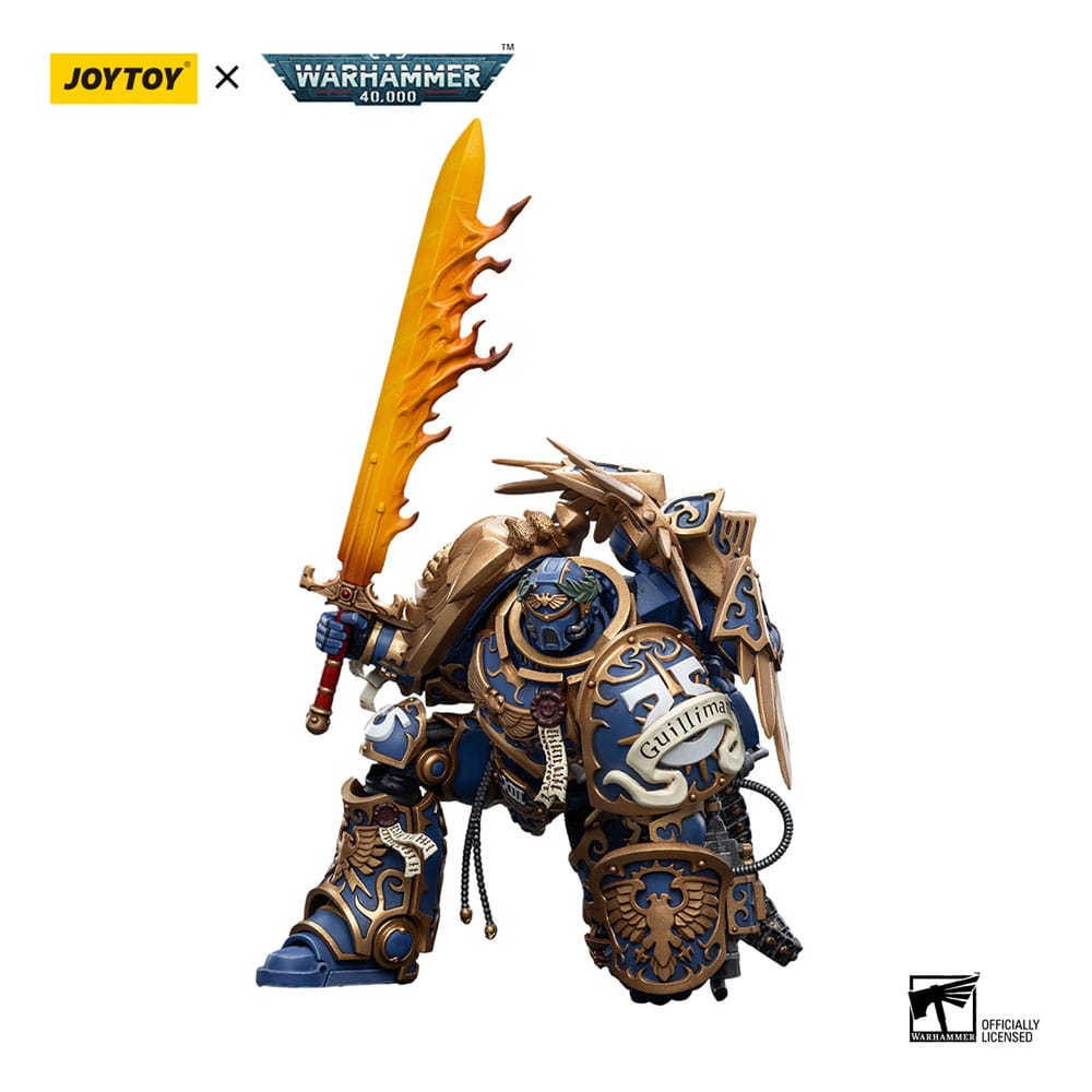 JoyToy Roboute Guilliman 1/18 figure kneeling with his flaming sword raised