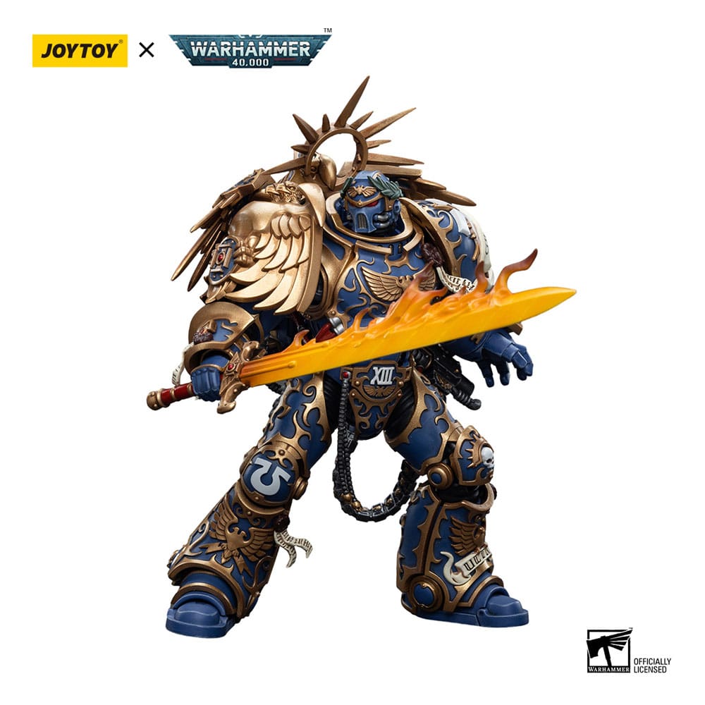 JoyToy Roboute Guilliman 1/18 figure lunging forward with his flaming sword held low