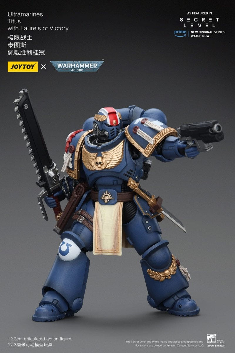 Joy Toy Titus figure in action pose with chainsword raised and bolt pistol aimed