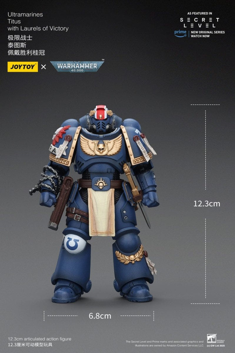 Joy Toy Ultramarines Titus figure front view with 12.3cm height measurement guide