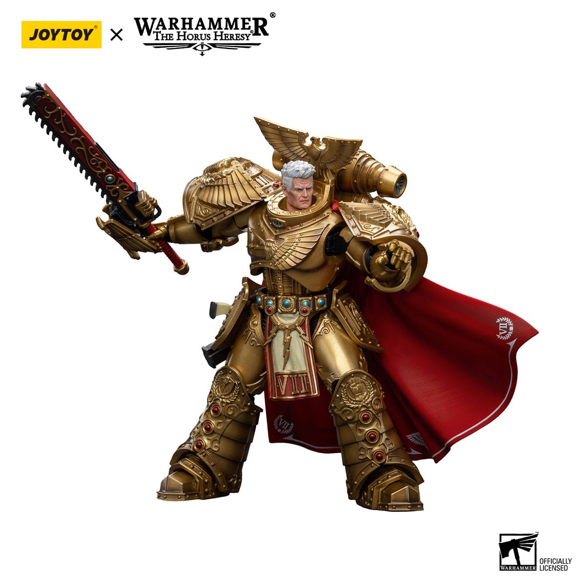 JoyToy Rogal Dorn 1/18 figure raising his chainsword in a battle pose