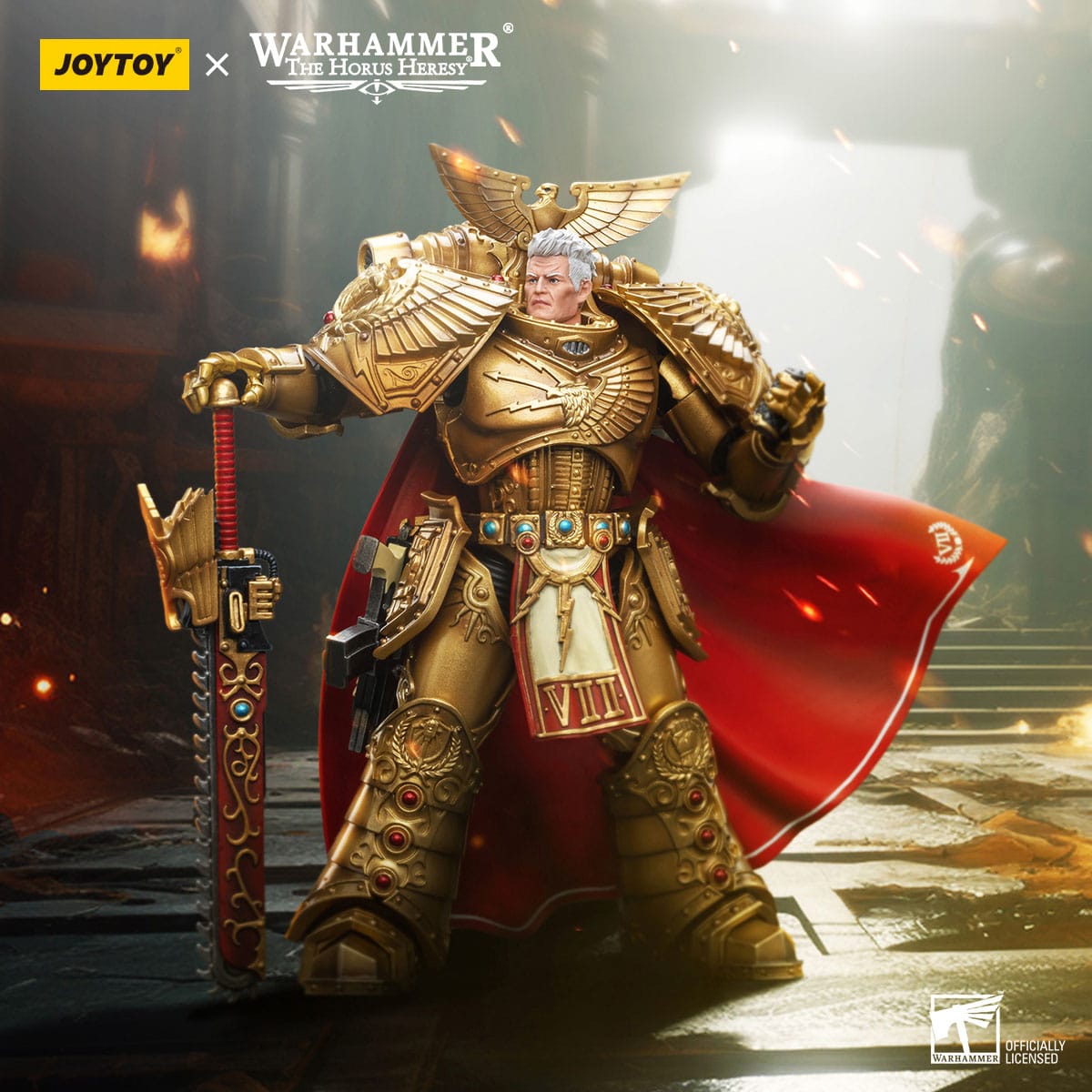 JoyToy Warhammer Horus Heresy Rogal Dorn figure posed in a lit palace hall scene