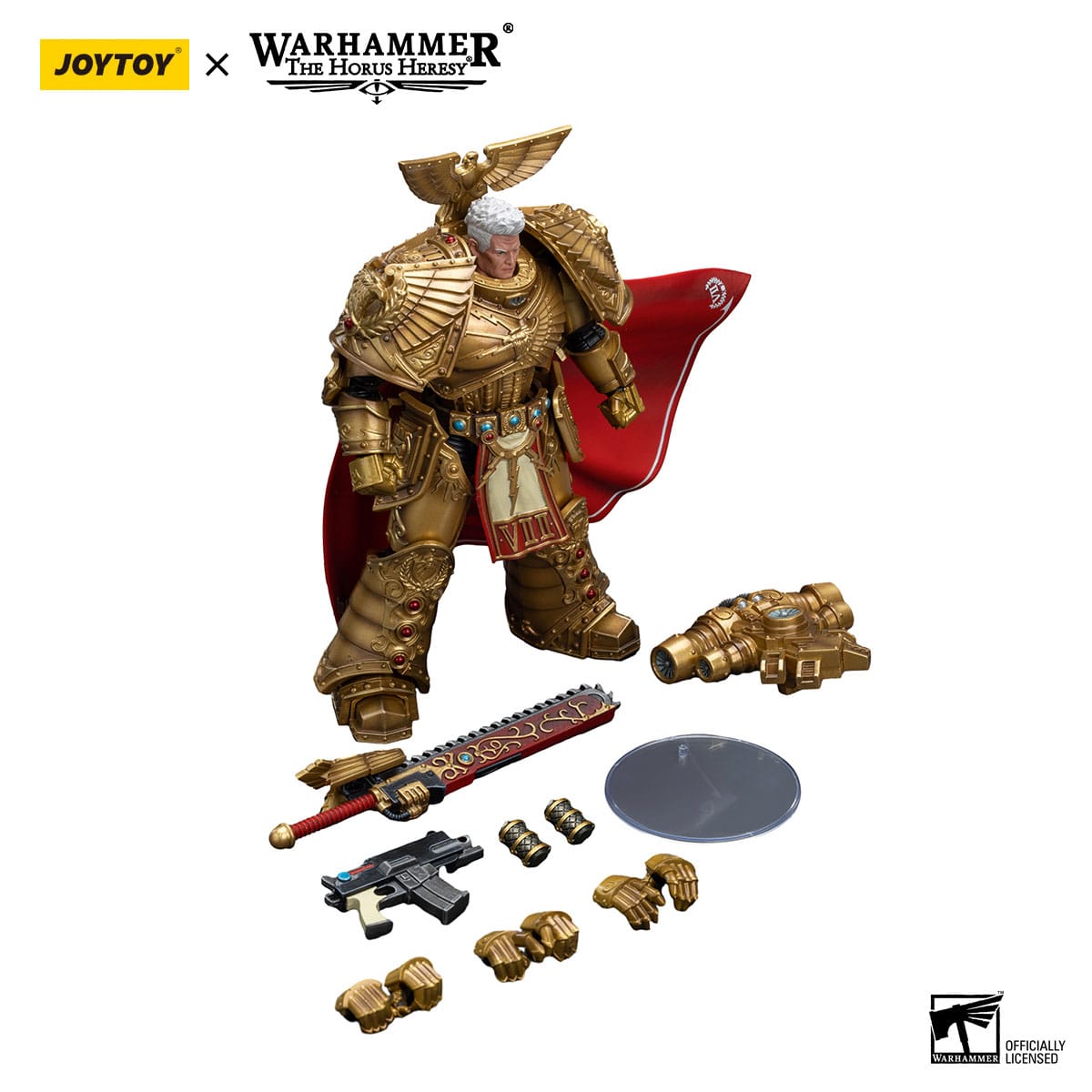 JoyToy Rogal Dorn figure with accessories: chainsword, bolter, swappable hands and stand