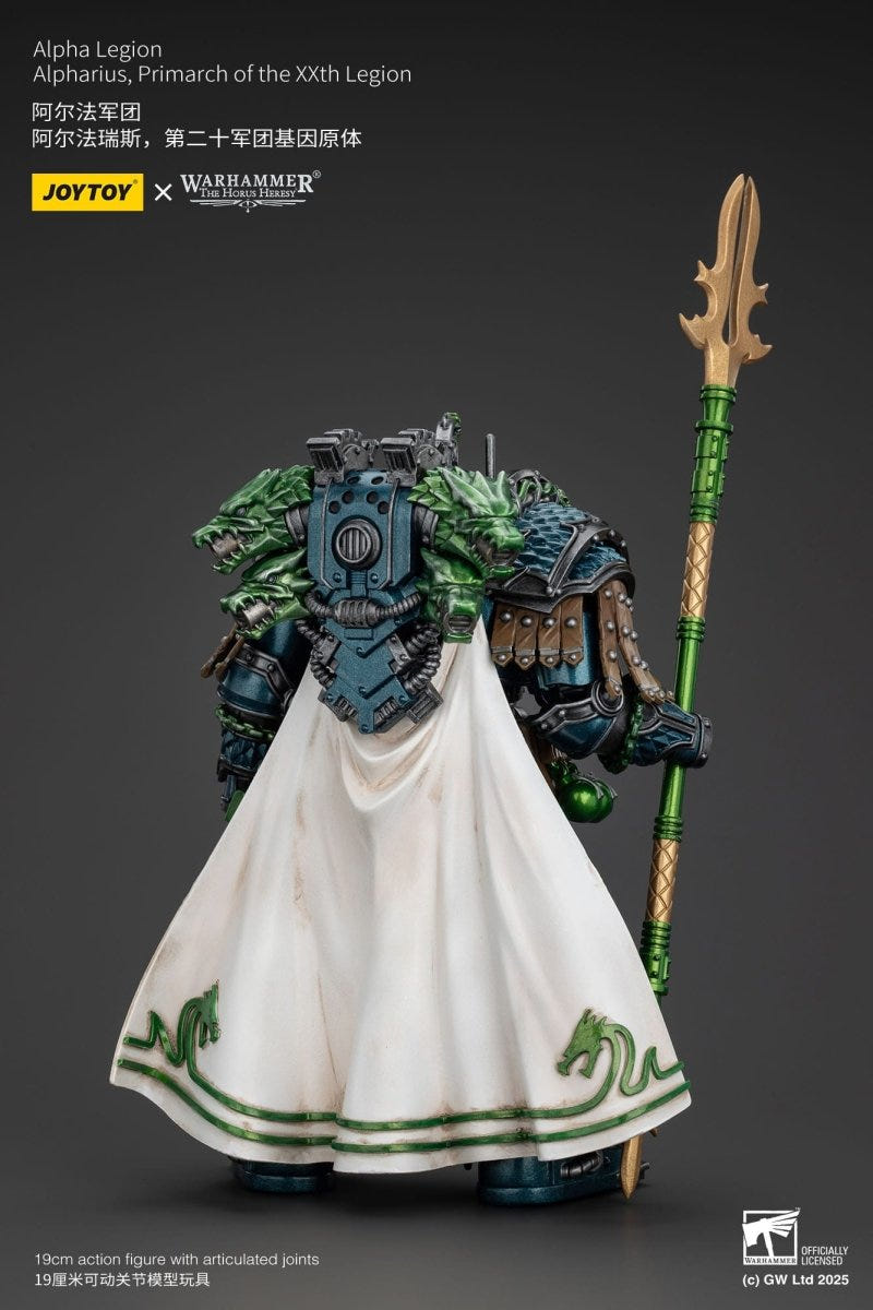 JoyToy Alpharius 1/18 figure wearing a white cloak with green trim, rear view