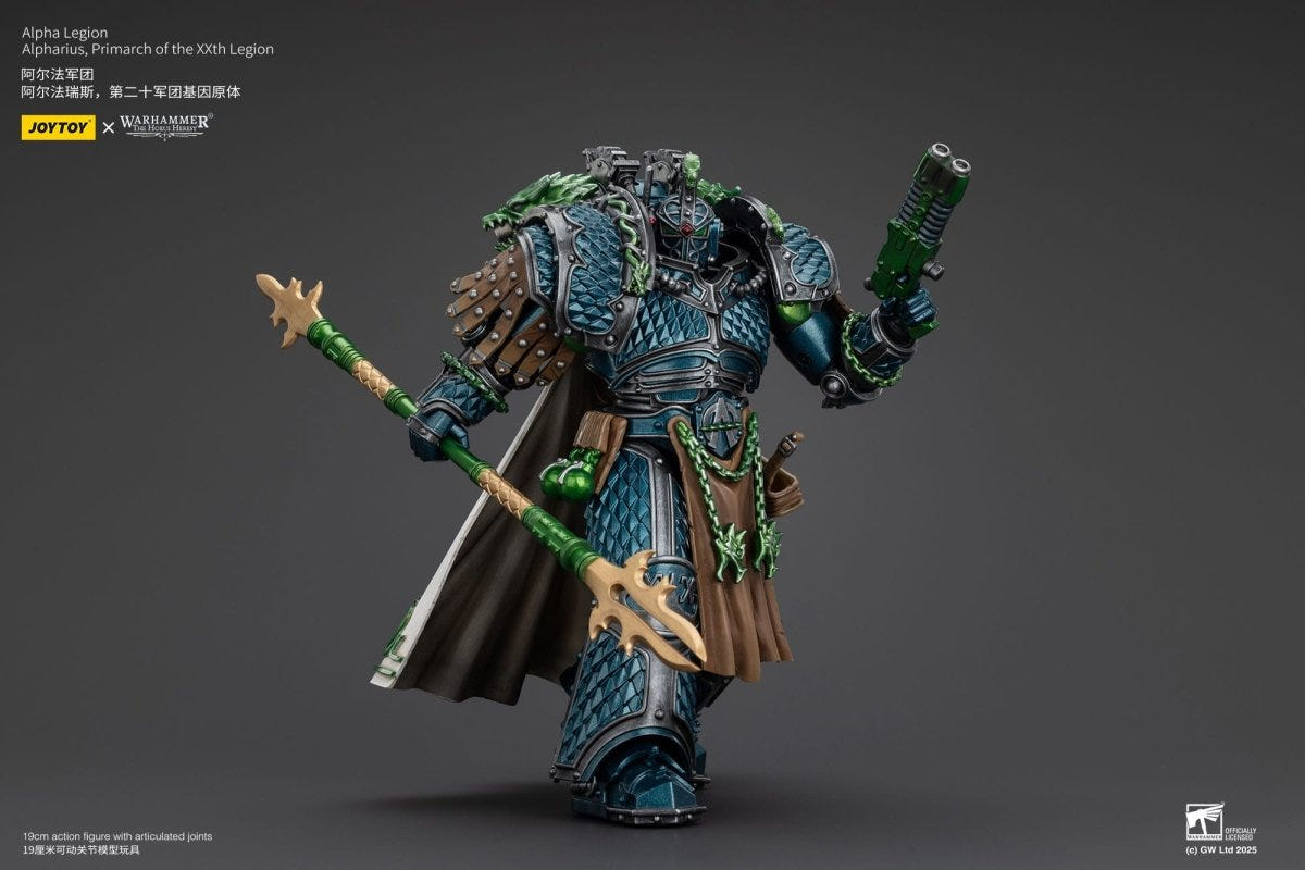 JoyToy Alpharius 1/18 figure raising his pistol with spear held low, landscape view
