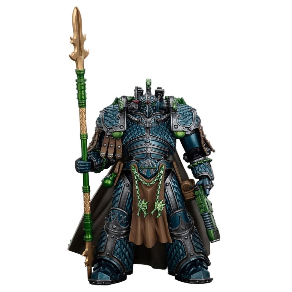 JoyToy Horus Heresy Alpharius Primarch 1/18 figure in scaled blue-green armour holding a spear