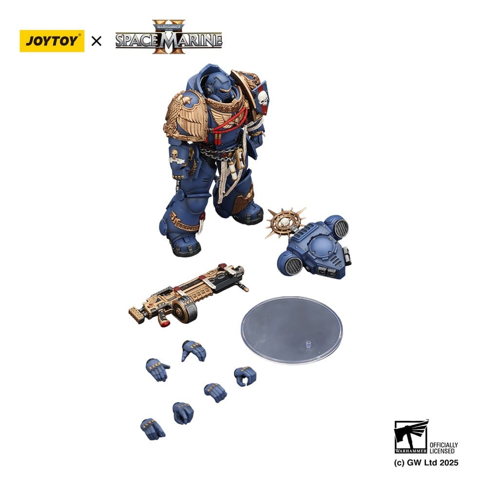 JoyToy Ultramarines Heavy Relic Primus Armour 13 cm action figure with weapon, halo, spare hands and stand, white background