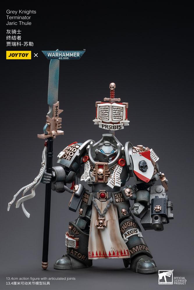 JoyToy Grey Knights Terminator Jaric Thule holding halberd upright, portrait dark background