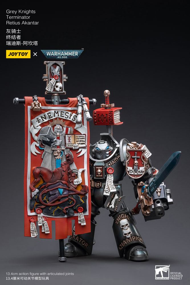 JoyToy Grey Knights Retius Akantar holding banner and sword, portrait dark background