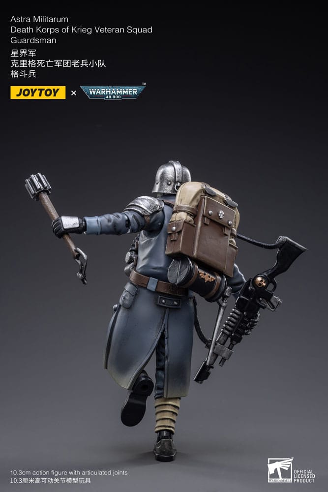 JoyToy Death Korps of Krieg Veteran Guardsman figure, rear view showing backpack and greatcoat