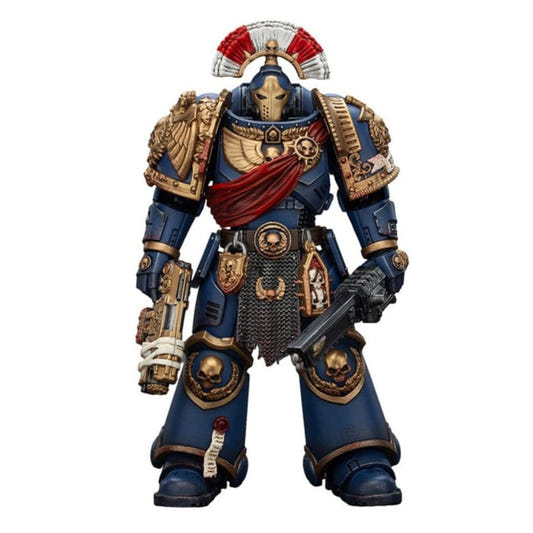 JoyToy Warhammer 40,000 Ultramarines Relic Secundus Armour 1/18 figure, front view in blue and gold