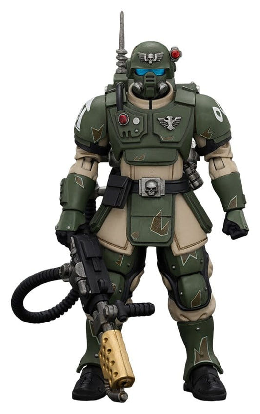 JoyToy Astra Militarum Kasrkin 2 action figure, front view holding flamer low, close-up
