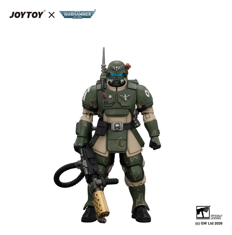 JoyToy Astra Militarum Kasrkin 2 action figure, front view holding flamer low
