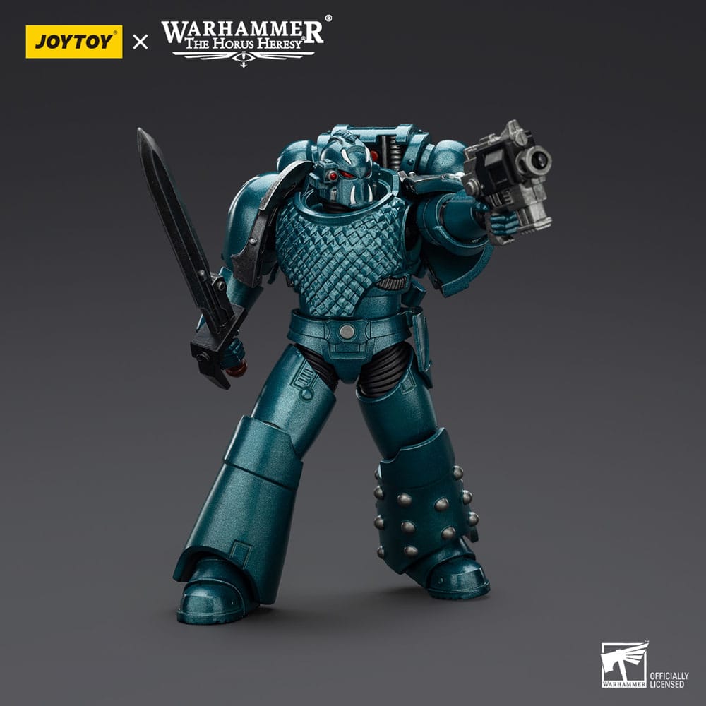 JoyToy Horus Heresy Alpha Legion Headhunter Prime figure, sword lowered and pistol aimed, on dark