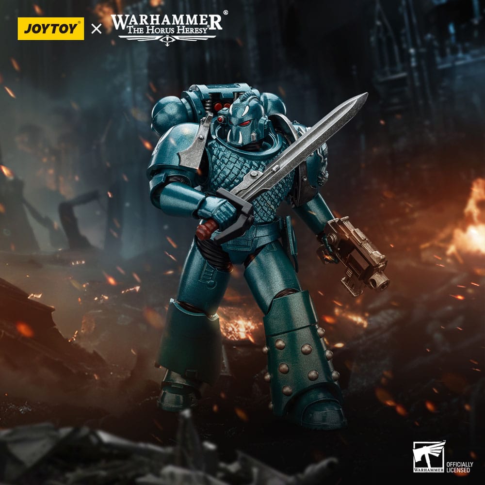 JoyToy Horus Heresy Alpha Legion Headhunter Prime figure, battle pose against battlefield backdrop