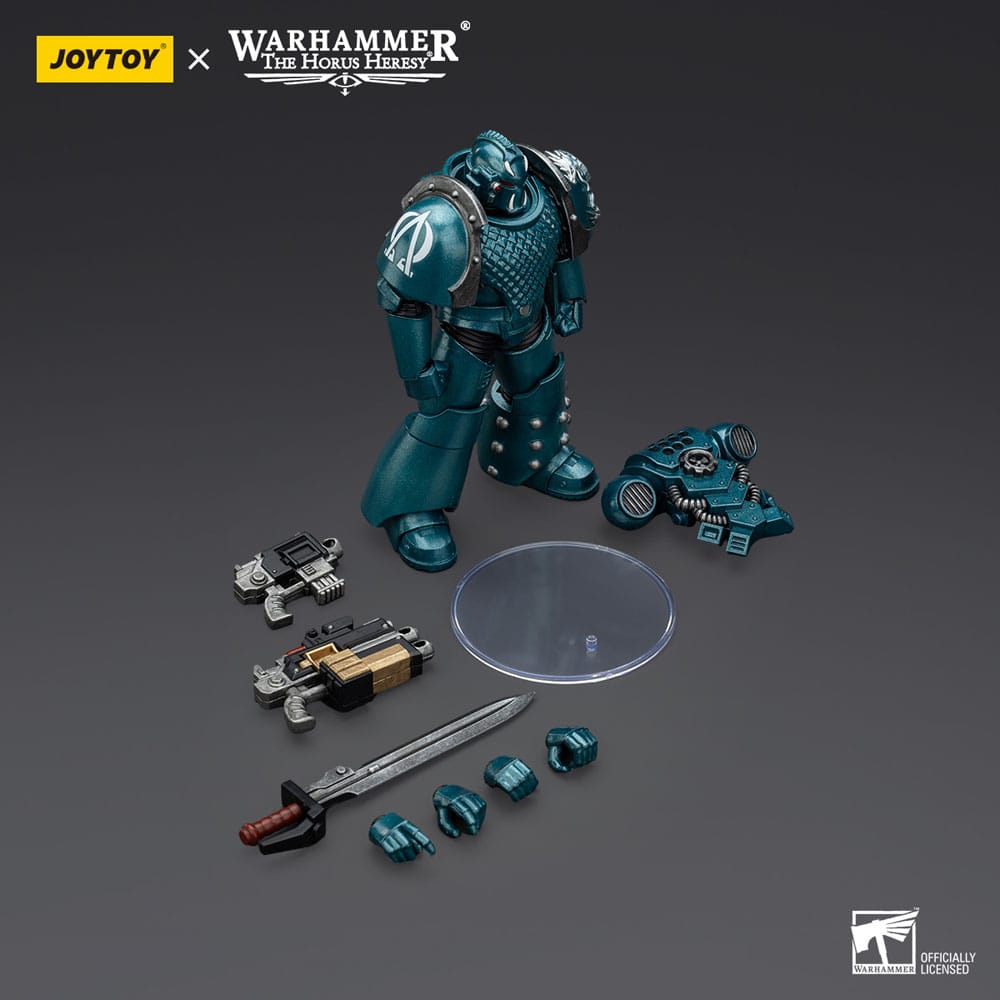 JoyToy Horus Heresy Alpha Legion Headhunter Prime figure, contents on dark: figure, weapons, hands, stand