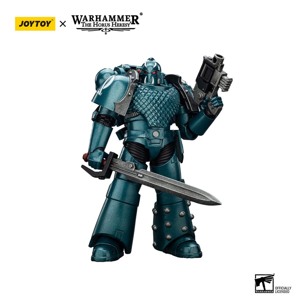JoyToy Horus Heresy Alpha Legion Headhunter Prime figure, front view with sword and raised pistol, on white
