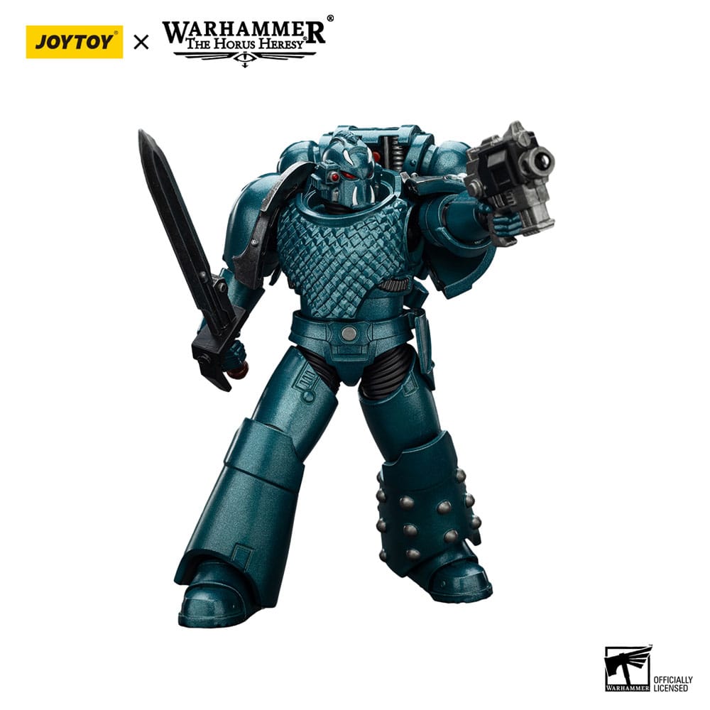 JoyToy Horus Heresy Alpha Legion Headhunter Prime figure, sword lowered and pistol aimed, on white
