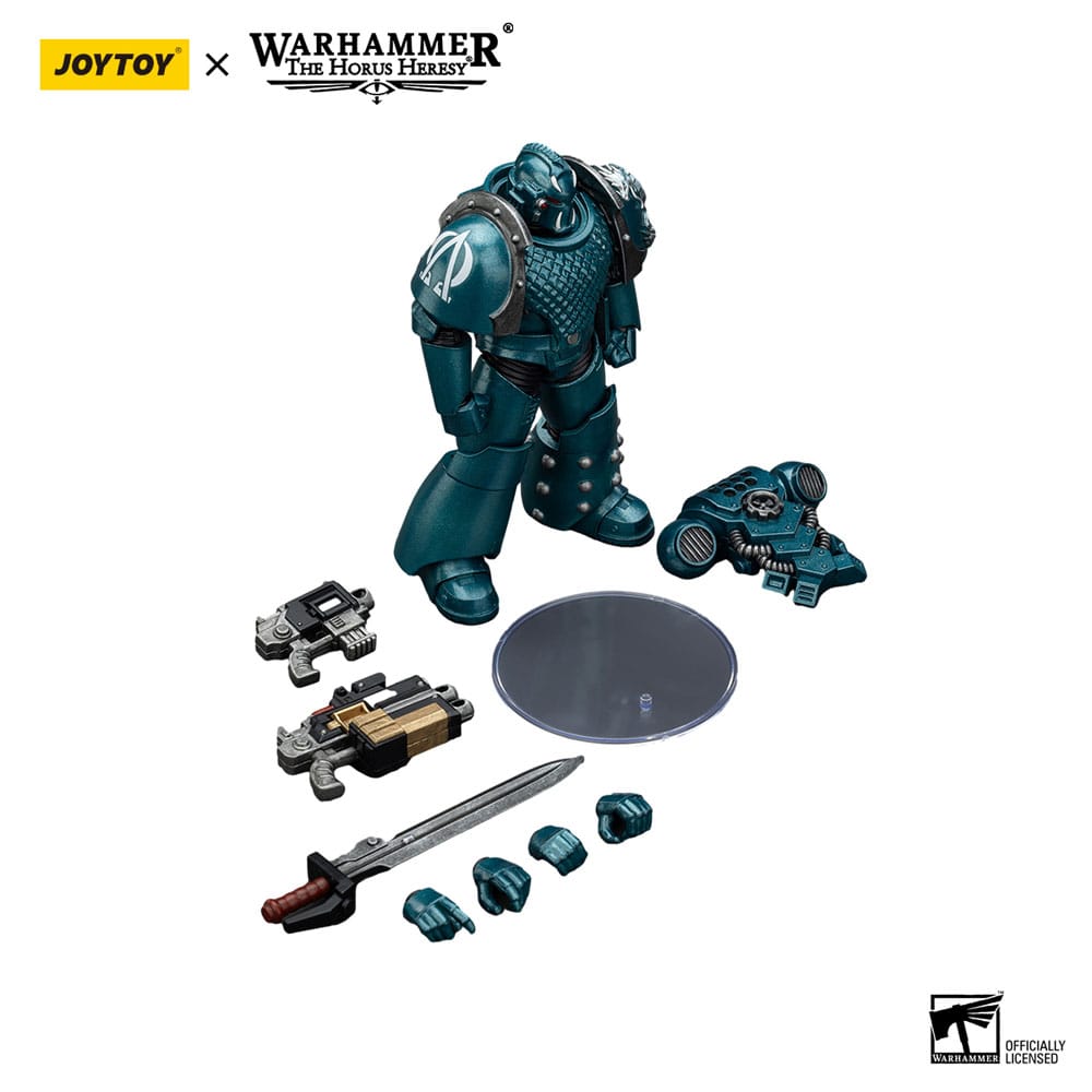 JoyToy Horus Heresy Alpha Legion Headhunter Prime figure, contents on white: figure, weapons, hands, stand