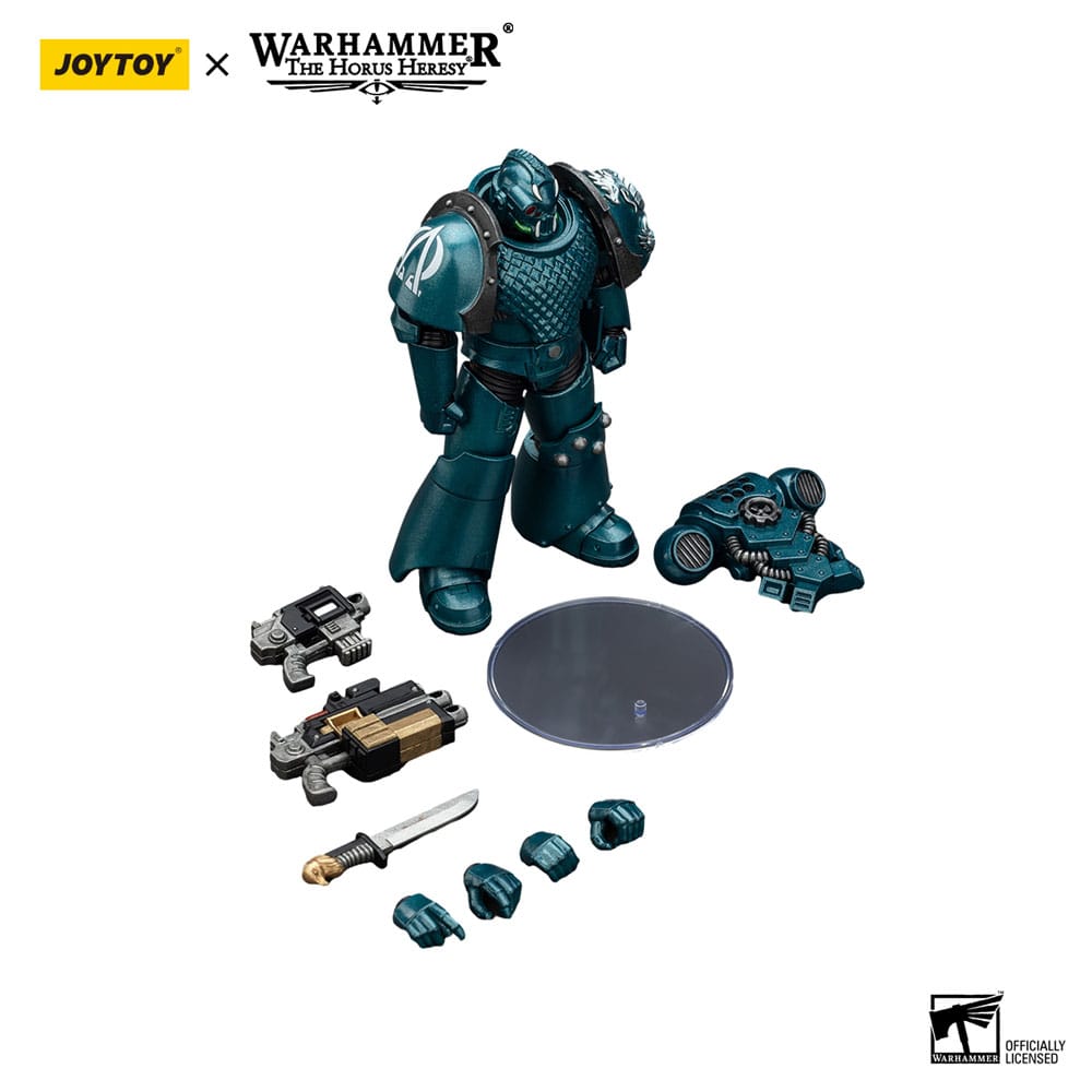 JoyToy Horus Heresy Alpha Legion Headhunter, combi-bolter and dagger, contents on white: figure, weapons, hands, stand