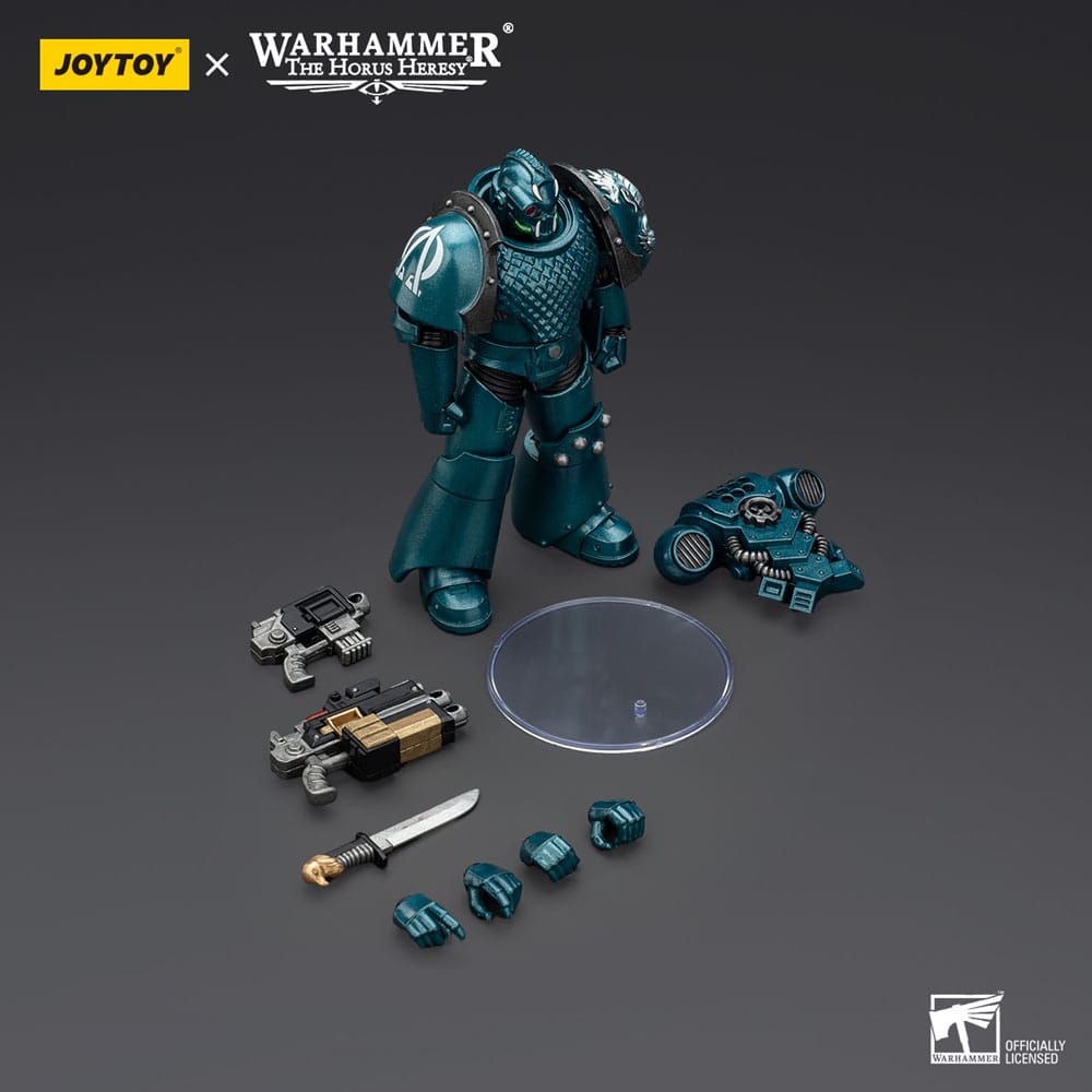 JoyToy Horus Heresy Alpha Legion Headhunter, combi-bolter and dagger, contents on dark: figure, weapons, hands, stand