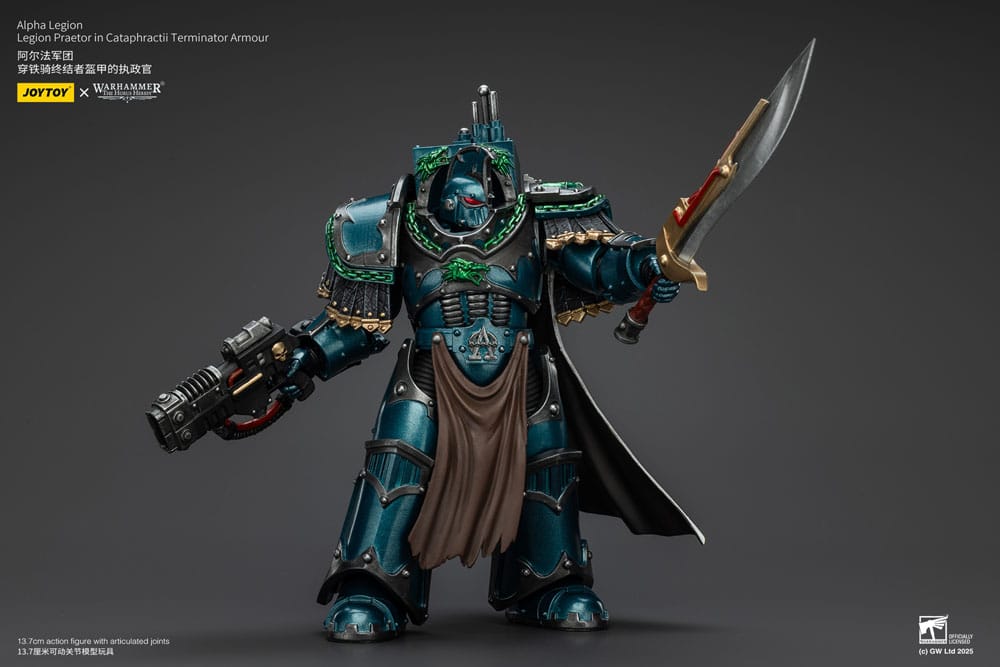 JoyToy Horus Heresy Alpha Legion Cataphractii Terminator Praetor, sword raised overhead, landscape