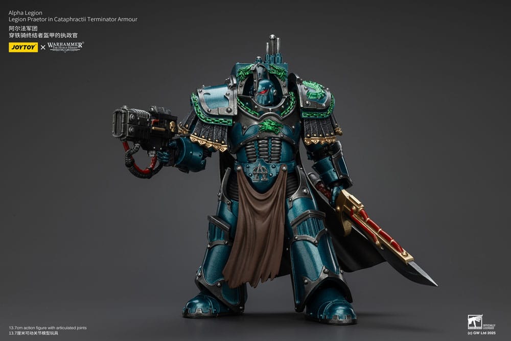 JoyToy Horus Heresy Alpha Legion Cataphractii Terminator Praetor, action pose aiming combi weapon, landscape