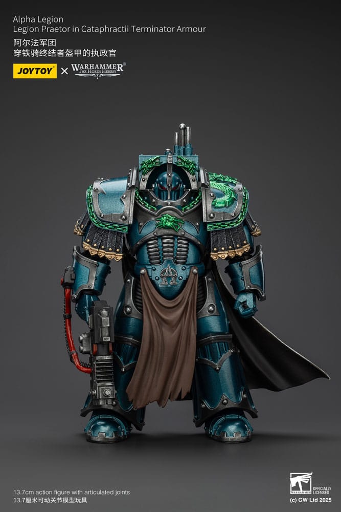 JoyToy Horus Heresy Alpha Legion Cataphractii Terminator Praetor, front view with cloak and tabard