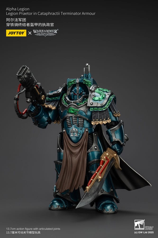 JoyToy Horus Heresy Alpha Legion Cataphractii Terminator Praetor, combi weapon raised, sword lowered