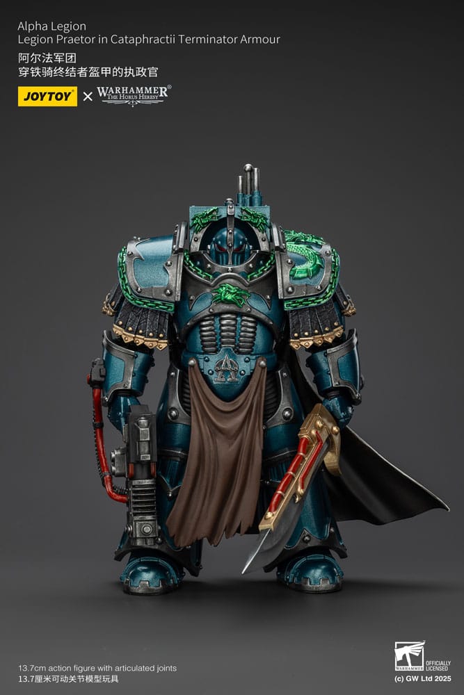 JoyToy Horus Heresy Alpha Legion Cataphractii Terminator Praetor, front view holding curved sword