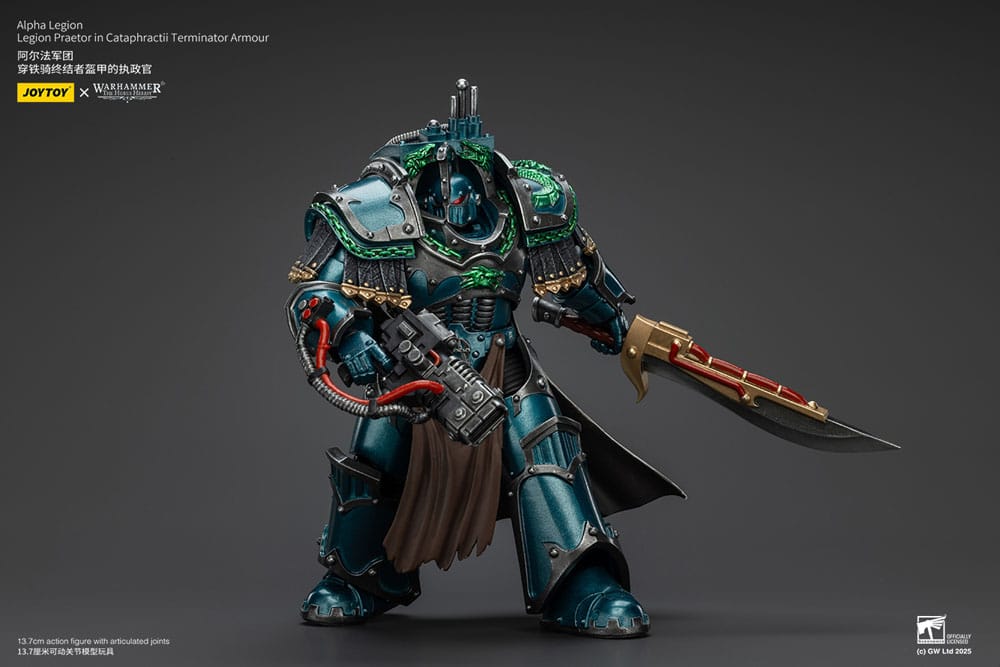 JoyToy Horus Heresy Alpha Legion Cataphractii Terminator Praetor, lunging pose with sword, landscape