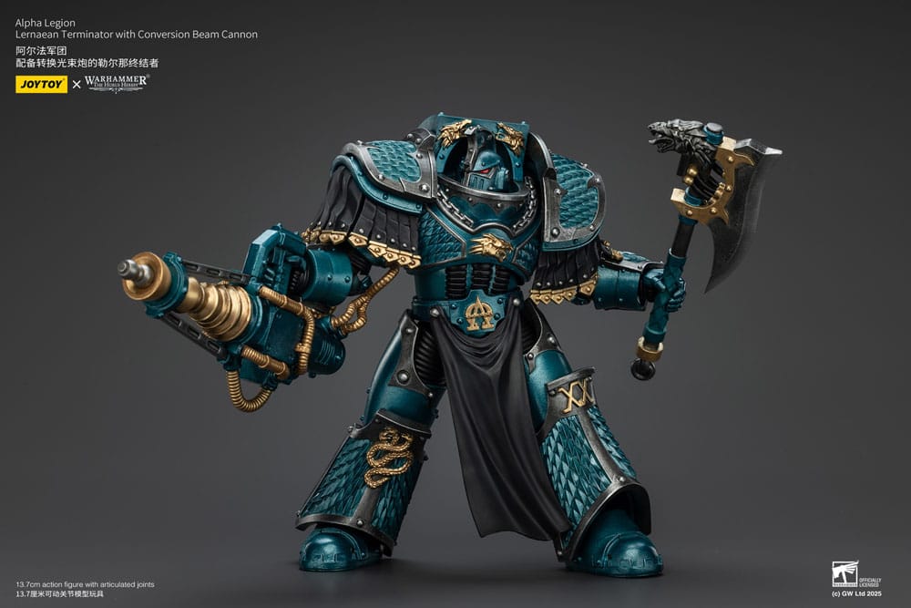JoyToy Horus Heresy Alpha Legion Lernaean Terminator, conversion beam cannon, cannon aimed and axe raised, landscape