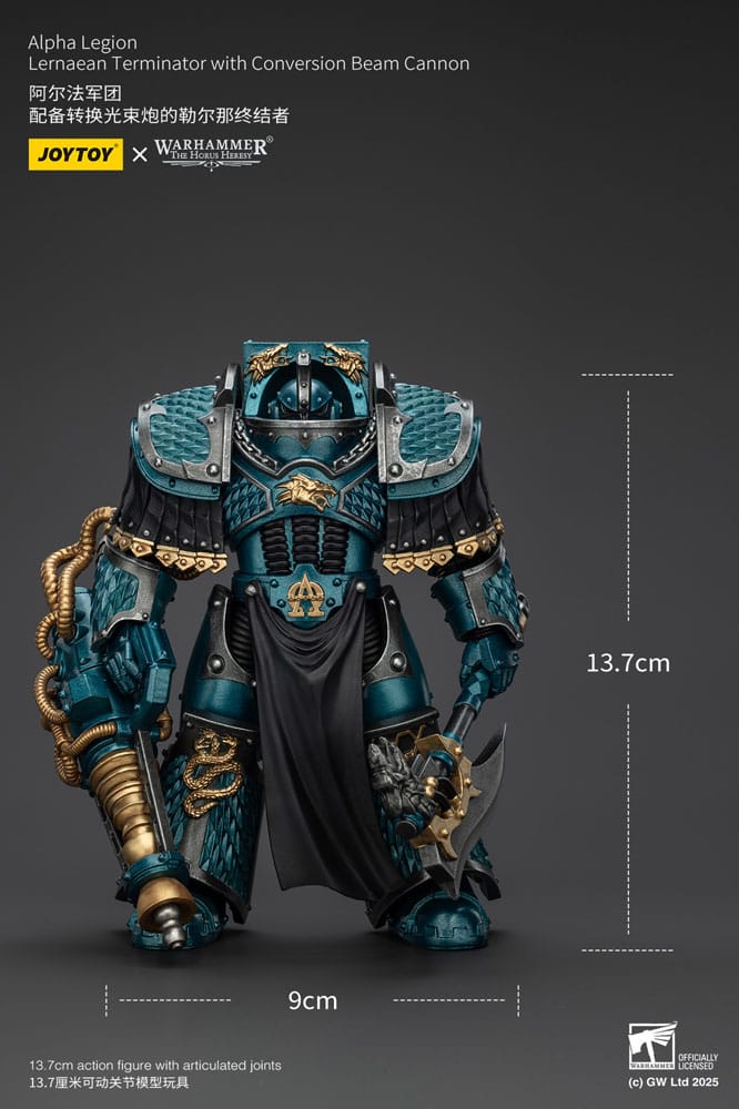 JoyToy Horus Heresy Alpha Legion Lernaean Terminator, conversion beam cannon, size guide, 13.7 cm tall and 9 cm wide