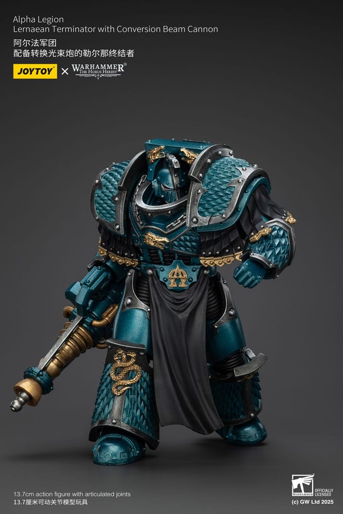 JoyToy Horus Heresy Alpha Legion Lernaean Terminator, conversion beam cannon, cannon arm levelled, three-quarter view