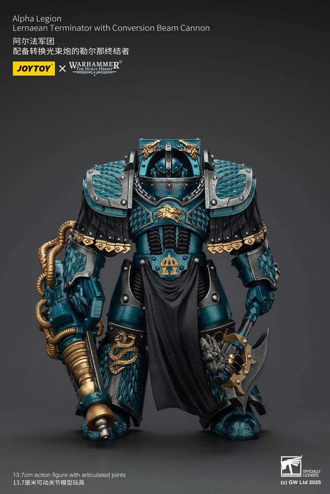 JoyToy Horus Heresy Alpha Legion Lernaean Terminator, conversion beam cannon, front view holding axe at side