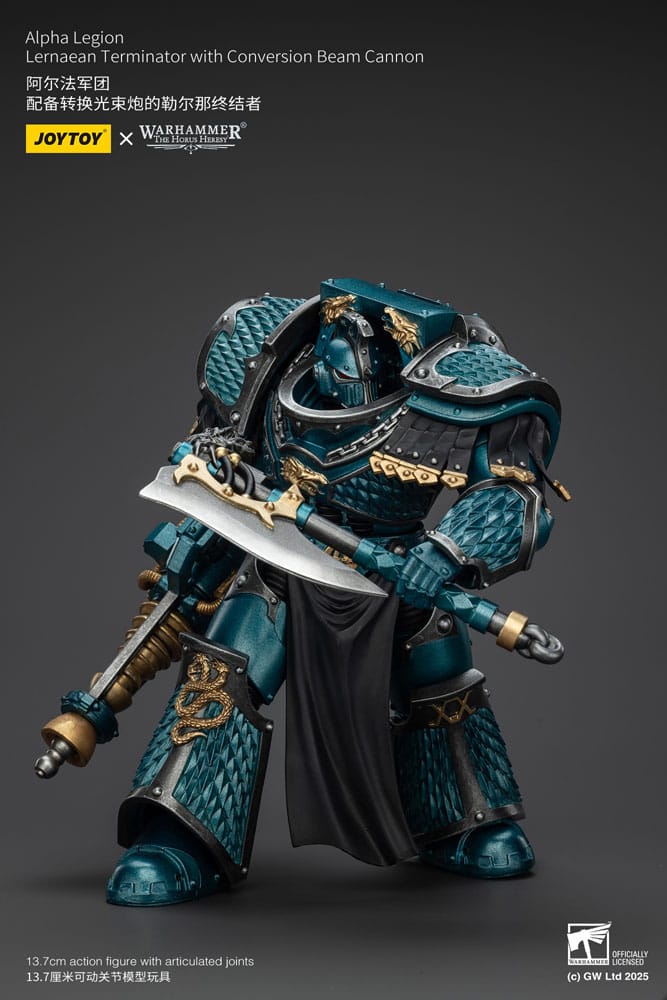 JoyToy Horus Heresy Alpha Legion Lernaean Terminator, conversion beam cannon, crouching pose swinging axe