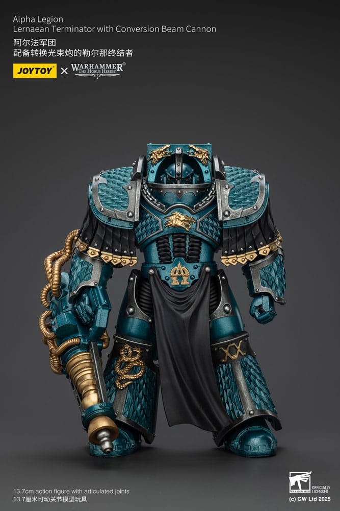 JoyToy Horus Heresy Alpha Legion Lernaean Terminator, conversion beam cannon, front view with cannon arm and black tabard