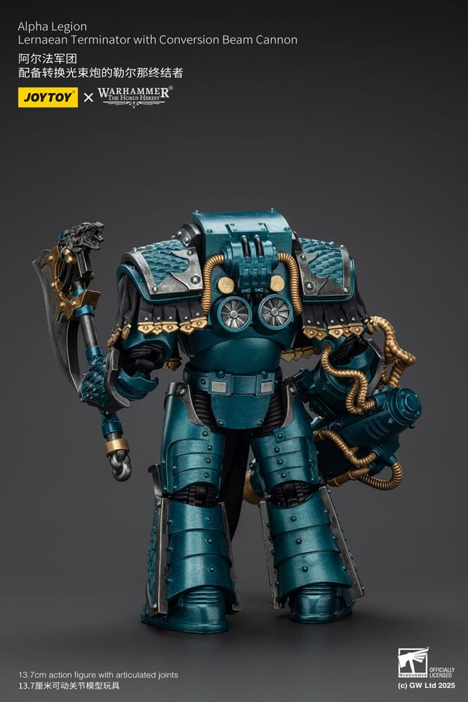 JoyToy Horus Heresy Alpha Legion Lernaean Terminator, conversion beam cannon, back view showing armour and cabling